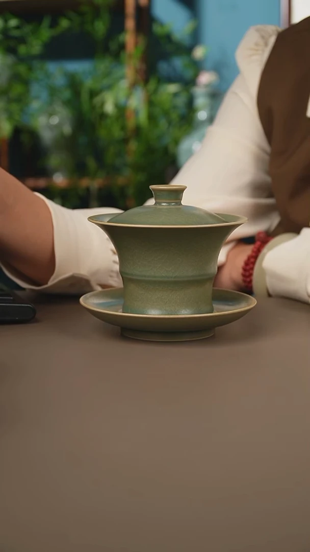 仿古柴烧竹节盖碗