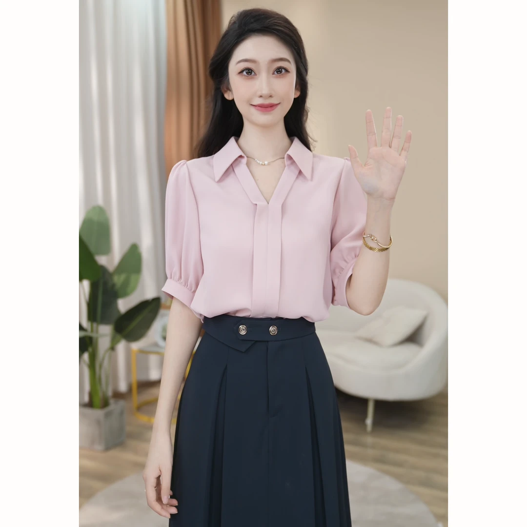 【曼贝】轻奢定制款气质风短袖衬衫女夏季高级感衬衣8492122【甜甜】