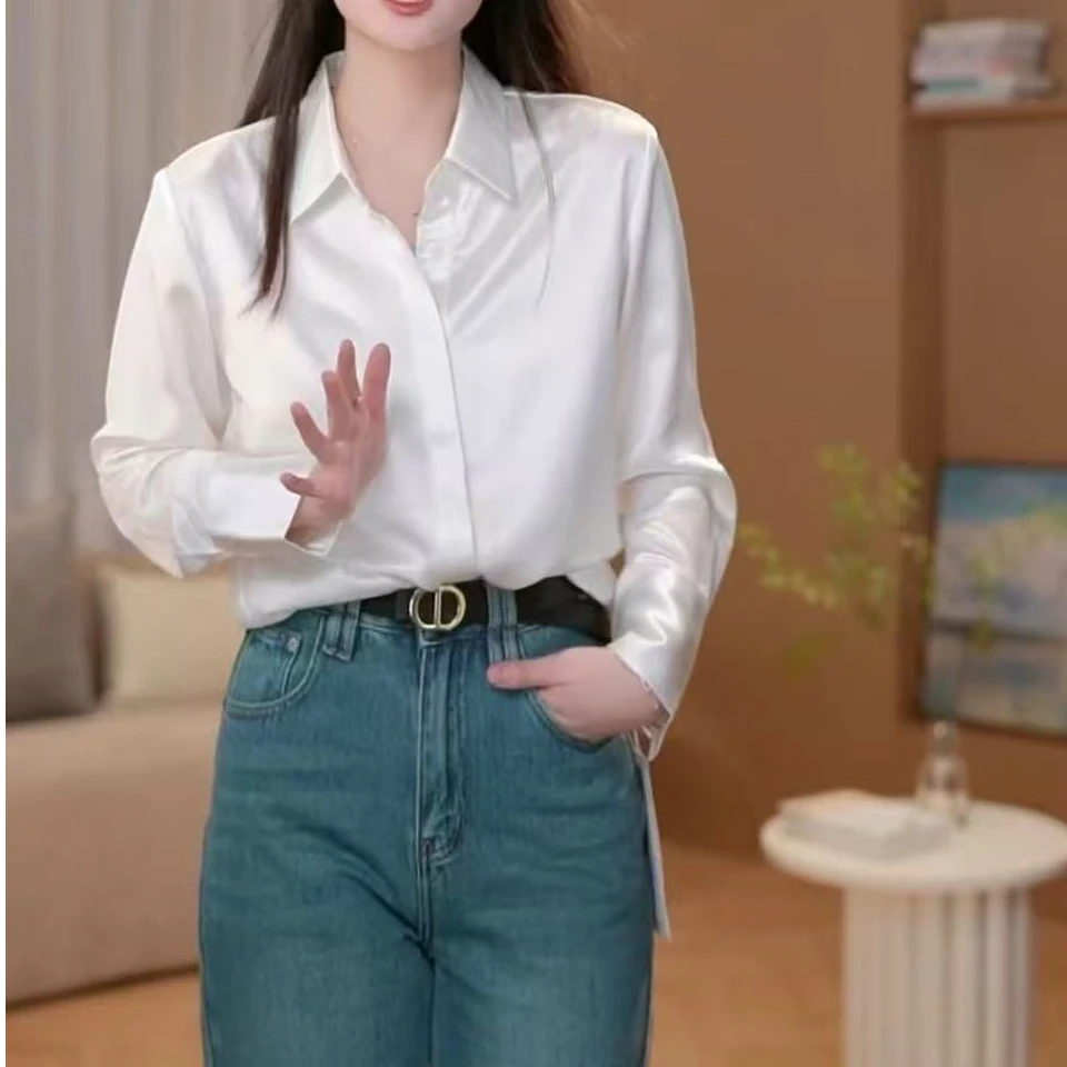 【新宸Xcenn】法式高级感醋酸缎面翻领长袖气质衬衫 BC0A1390