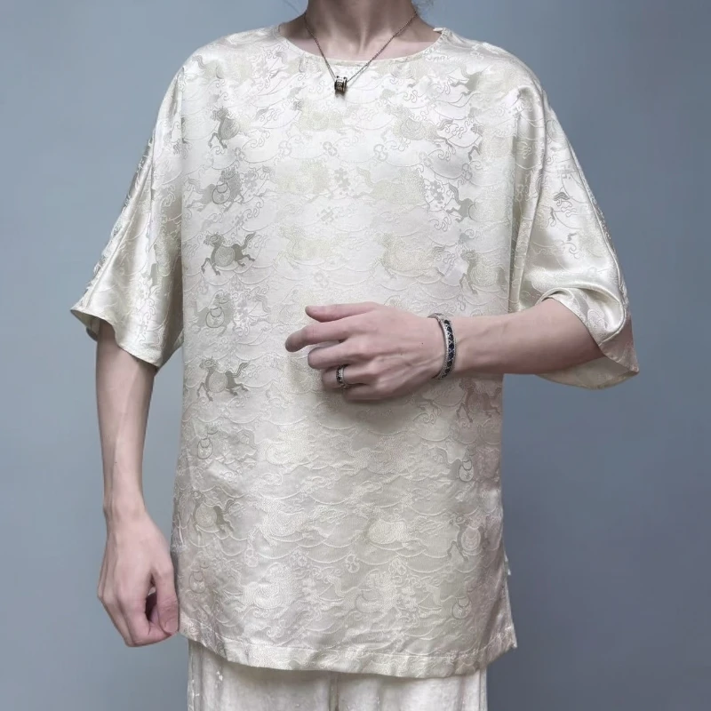 马上有财 - 满分桑蚕丝织金桑波缎！新中式休闲圆领极简短袖T恤