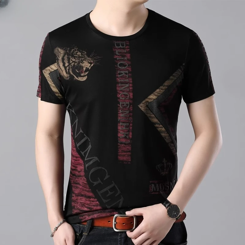 符腾野堡马夏季男士修身短袖T恤虎头字母潮流印花圆领冰丝上衣