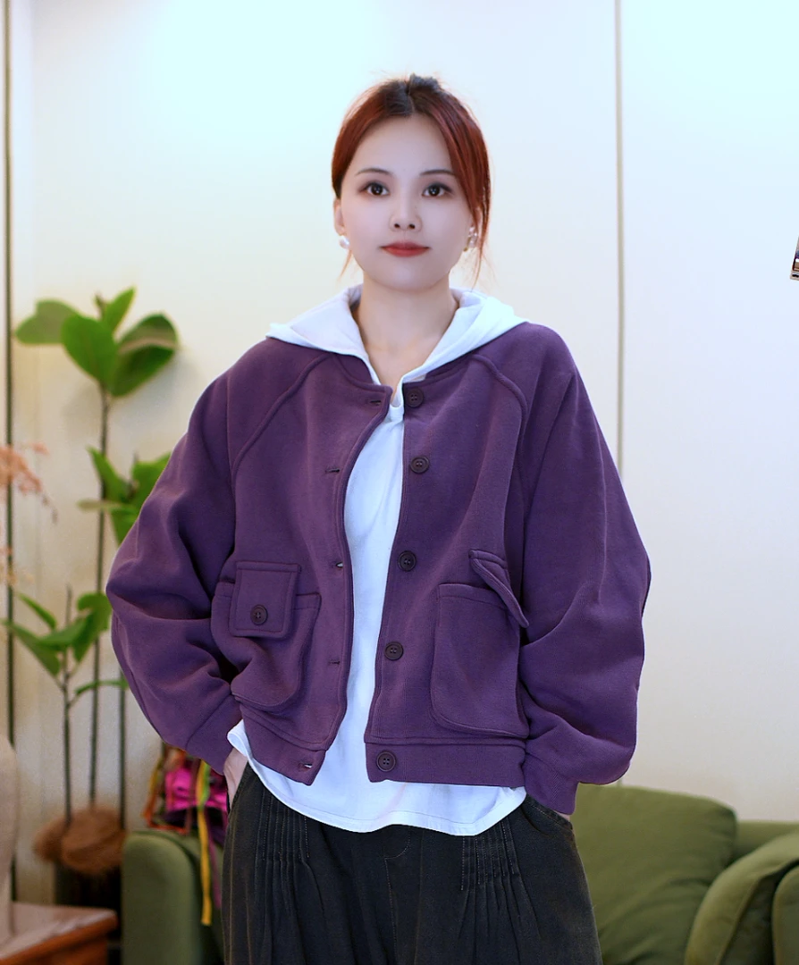 短款棒球领女拼接长袖纯色短外套加绒开衫上衣S389