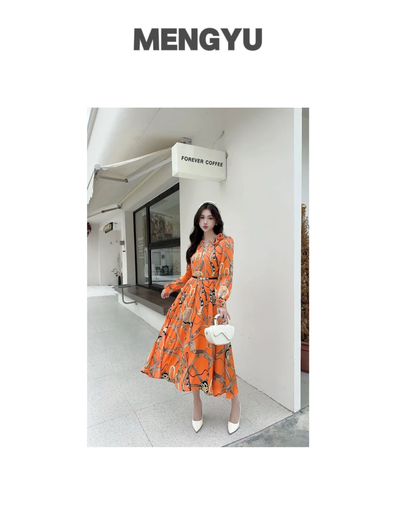 【高定奢品】秋装新款女长袖系带V领印花显瘦连衣裙