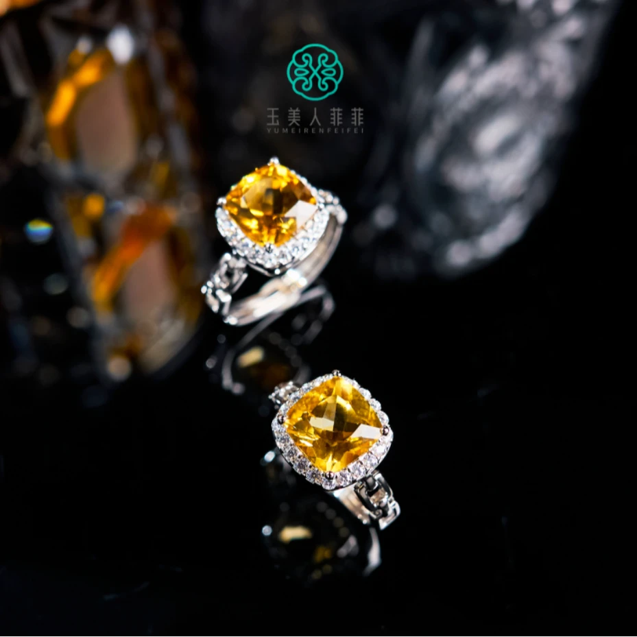 石惑珠宝/水晶戒指-方面黄水晶可调节戒指约10*10mm