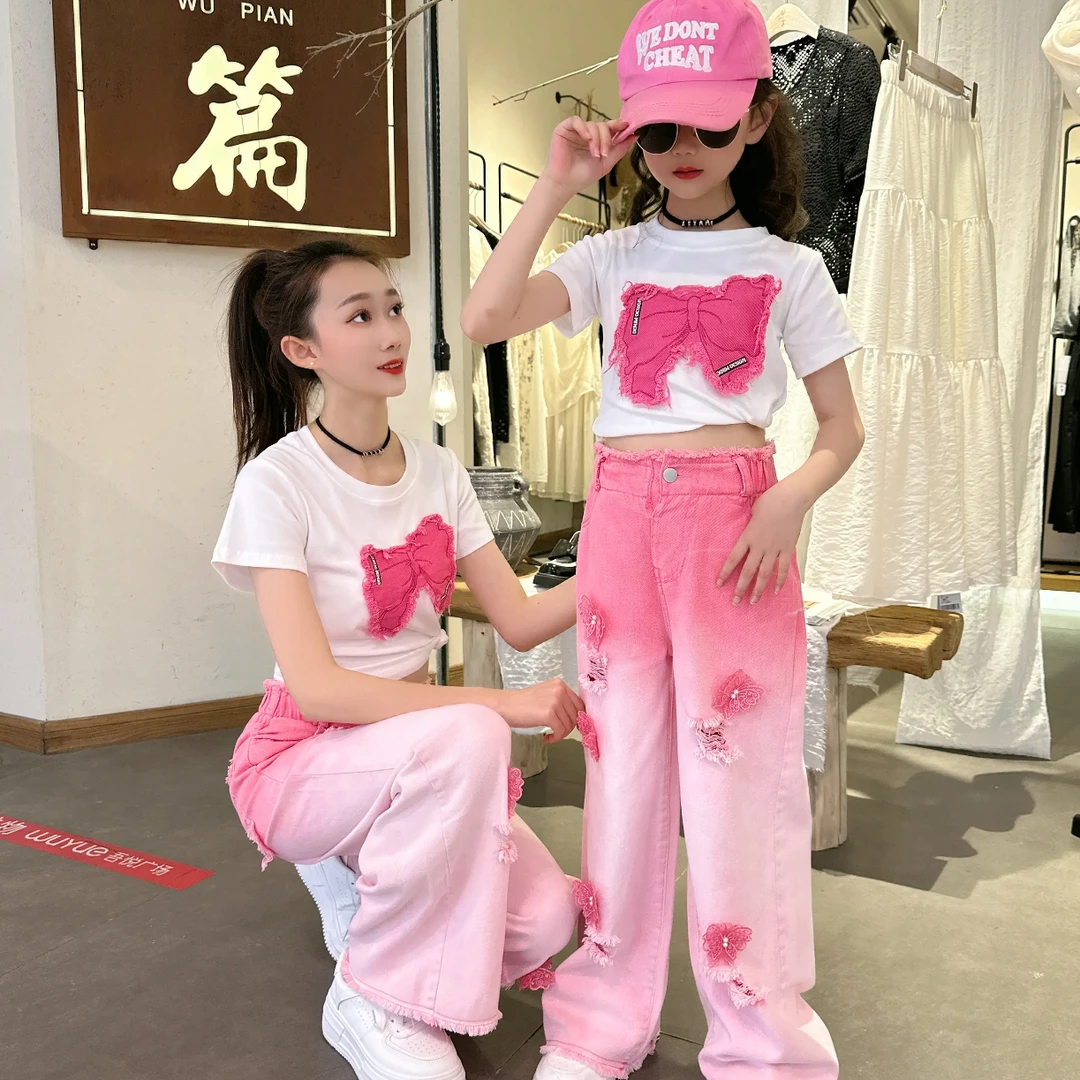 女童夏季渐变牛仔裤2025新款短袖背心破洞裤子两件套