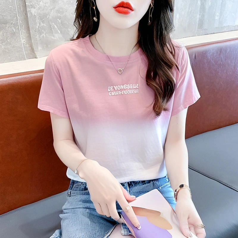 时尚扎染印花短袖t恤女2025夏季设计新款宽松体恤衫百搭圆领上衣