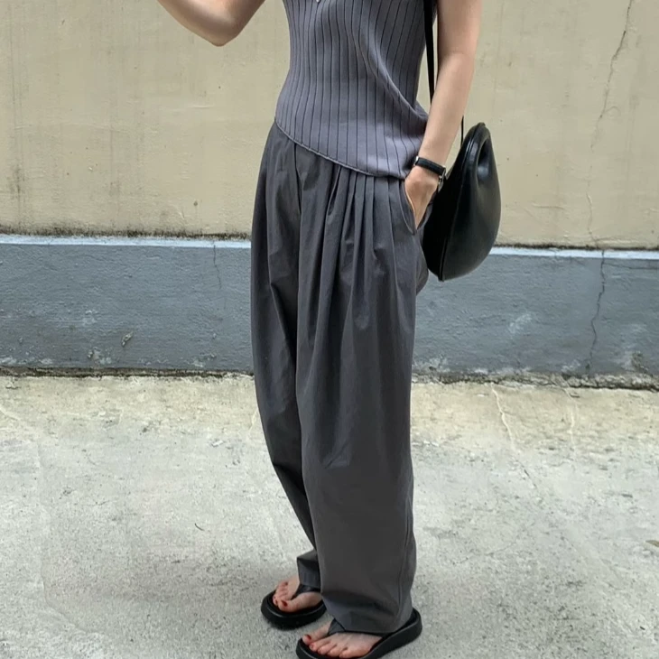 2024秋季宽松休闲显瘦松紧腰褶皱萝卜休闲长裤