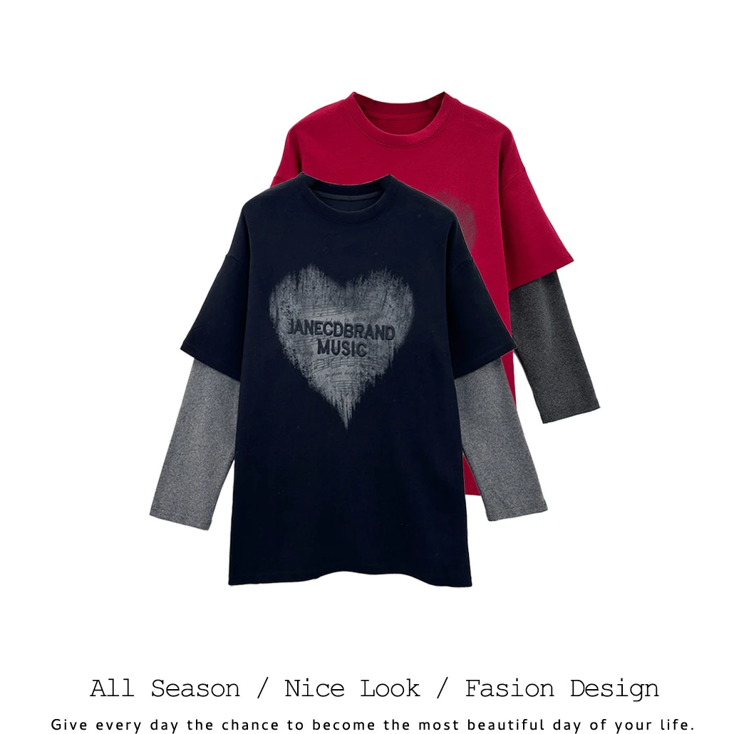 700    时尚黑红双色印花拼接假两件百搭长袖     款号#6052