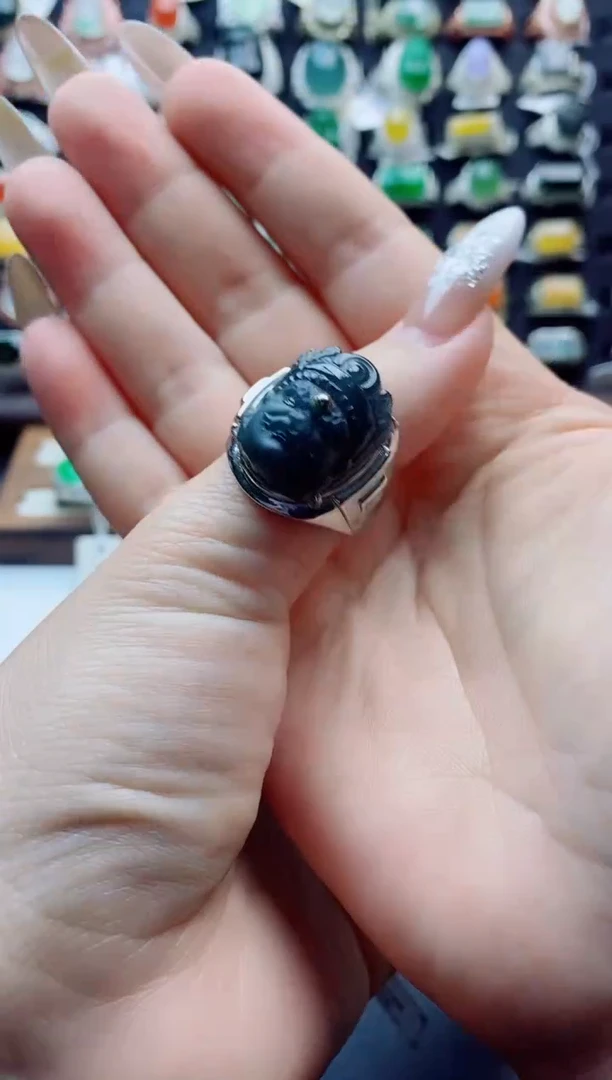 银S925镶嵌戒指翡翠小*天然翡翠A货男戒