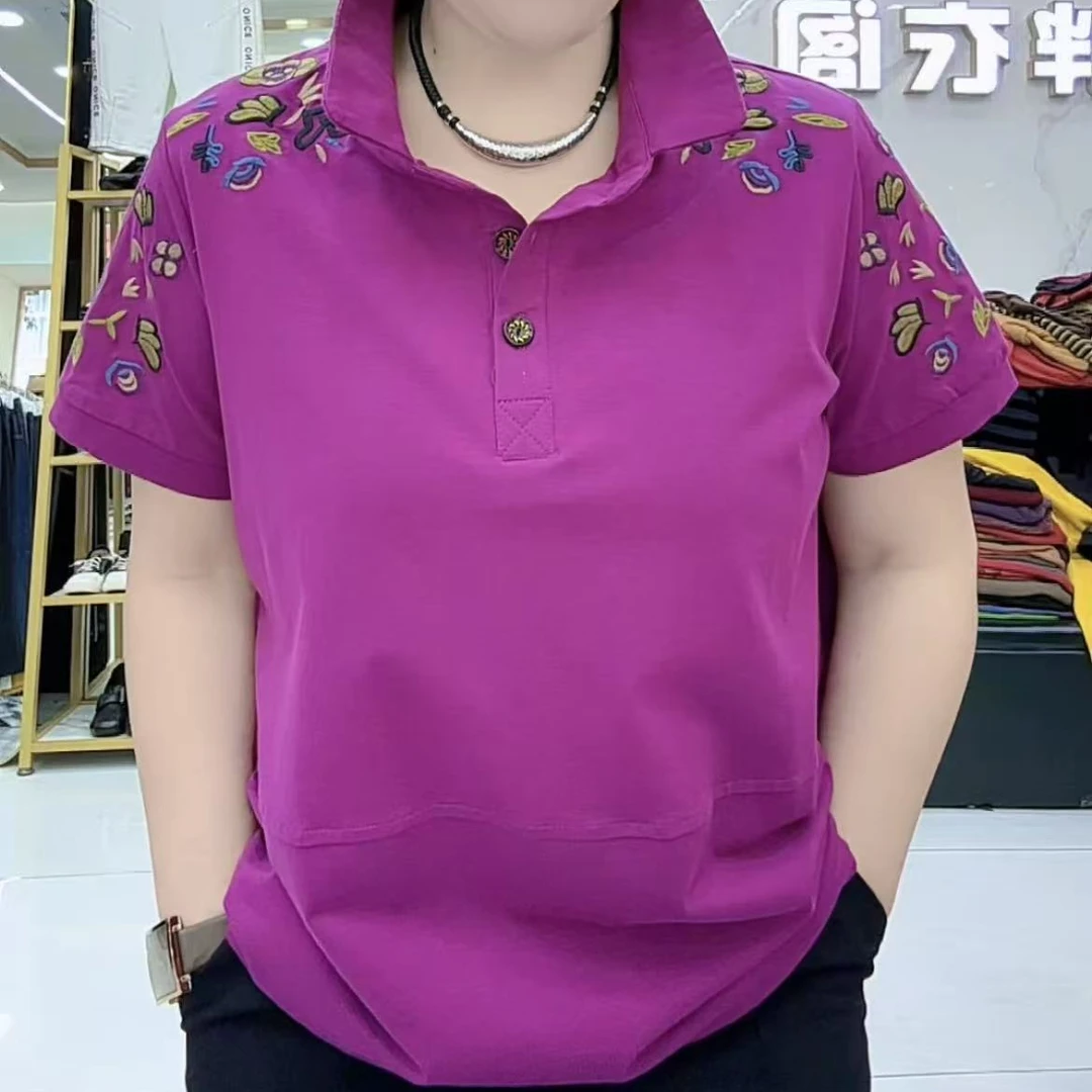 女士宽松型时尚休闲中老年女装女士显瘦翻领洋气薄款短袖T恤