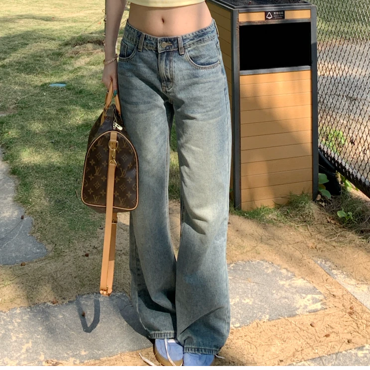 SSYDFER【日落】复古休闲宽松牛仔裤高腰直筒百搭显瘦显腿长牛仔裤