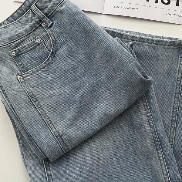 【瘦瘦】韩版街头大码浅蓝色水洗做旧拖地牛仔裤阔腿高腰宽松S0310