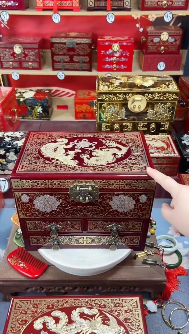 难**度28厘米四层三抽掐丝螺钿镶嵌酒红龙凤呈祥