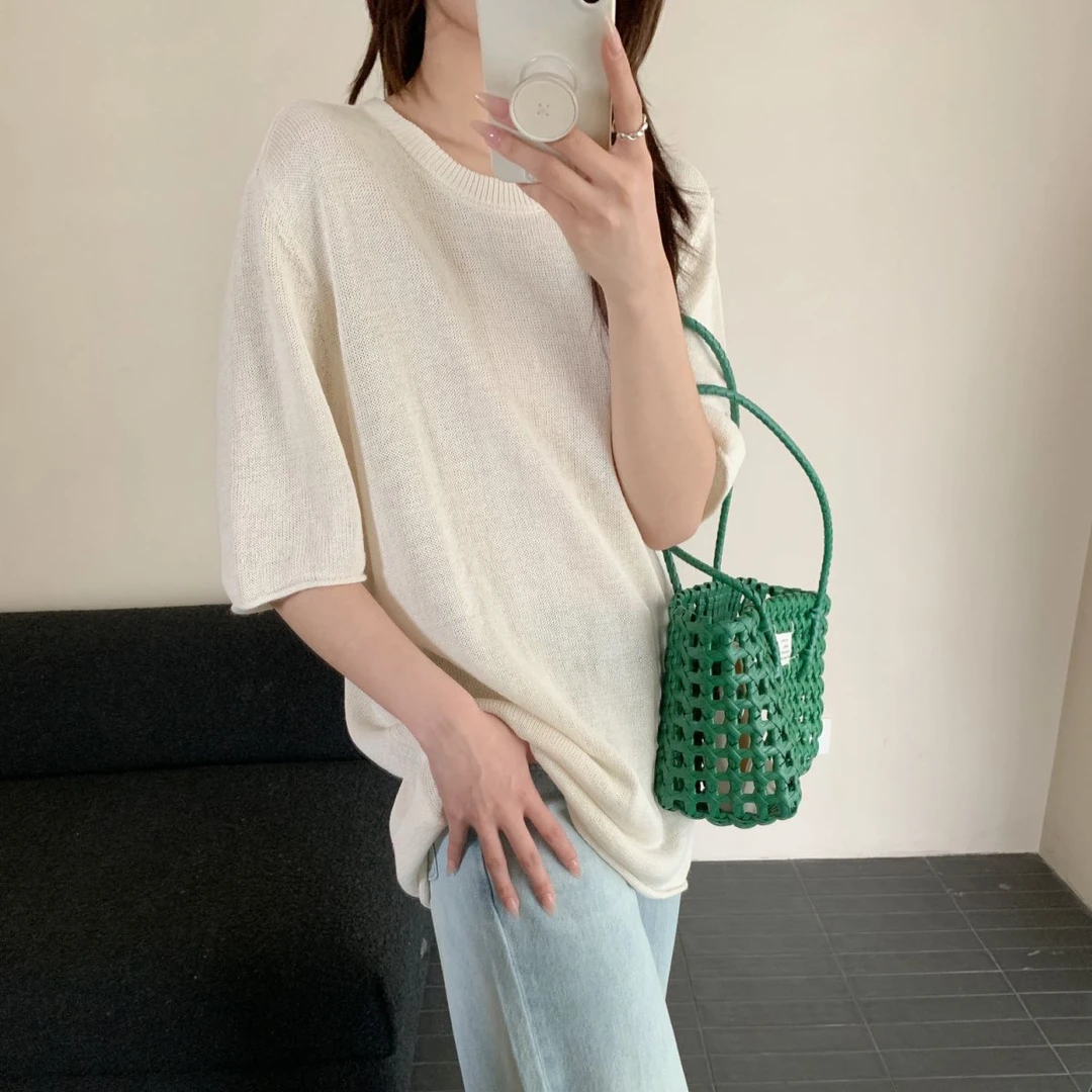 【素简.500150】春款上新高端进口和纸后背线条短袖女装上新针织衫