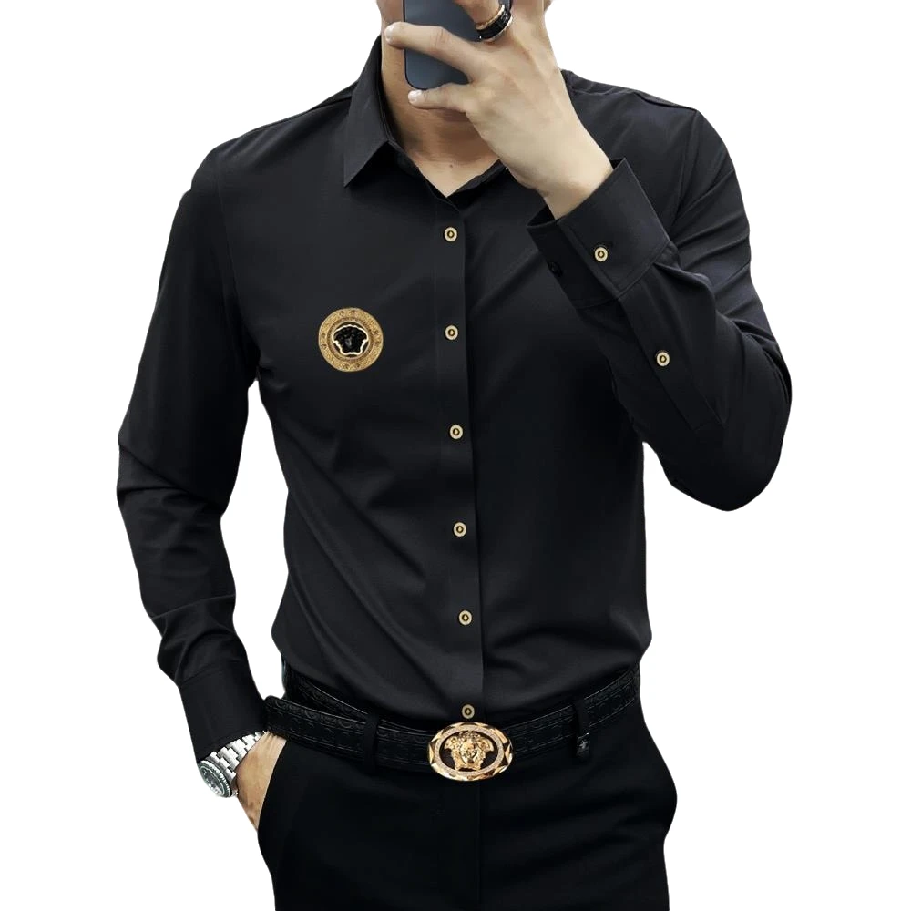 高端潮牌商务休闲免烫抗皱衬衣男士秋季轻奢时尚修身长袖衬衫男款
