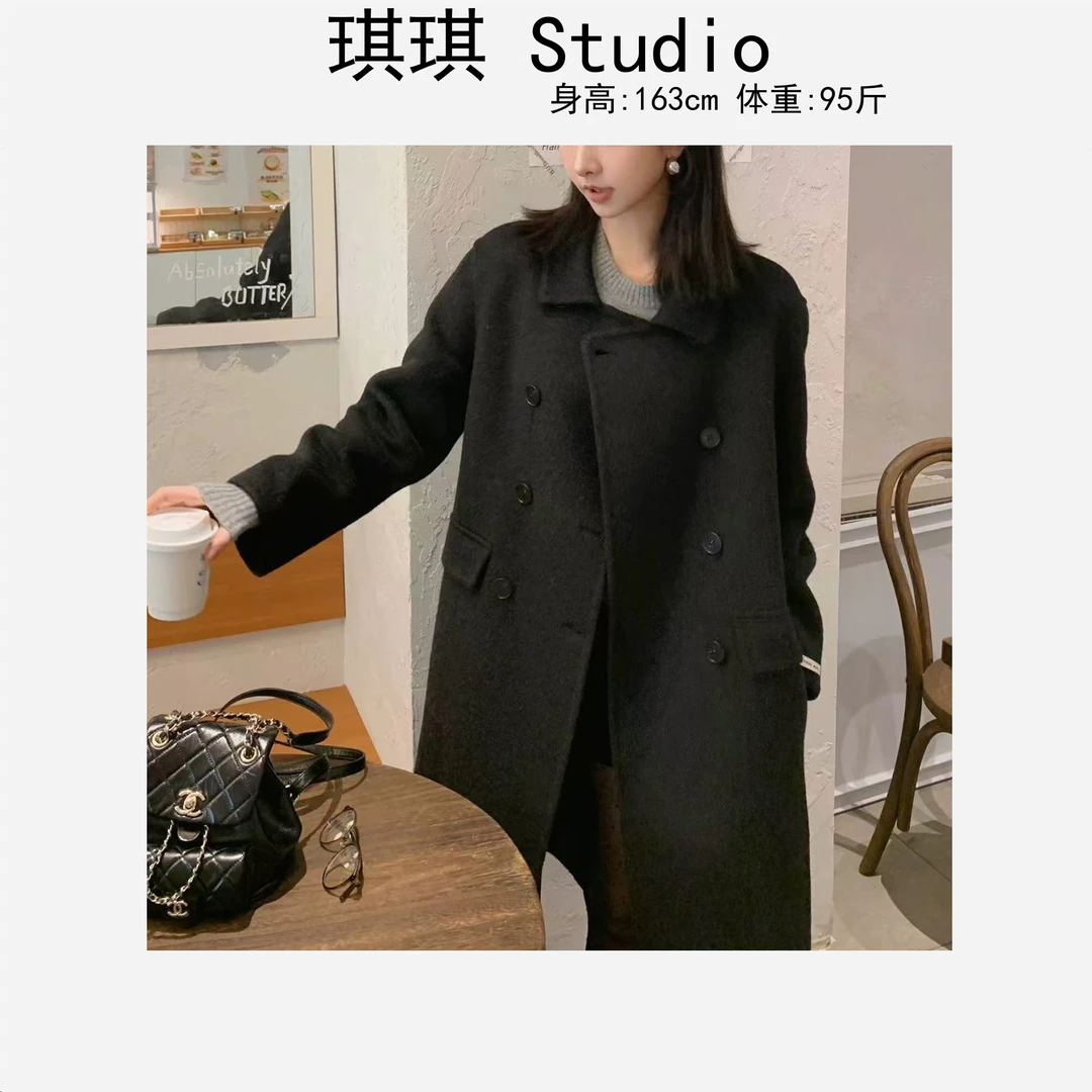 新年款潮流气质时尚翻领双排扣宽松显瘦减龄百搭羊绒大衣24758-N