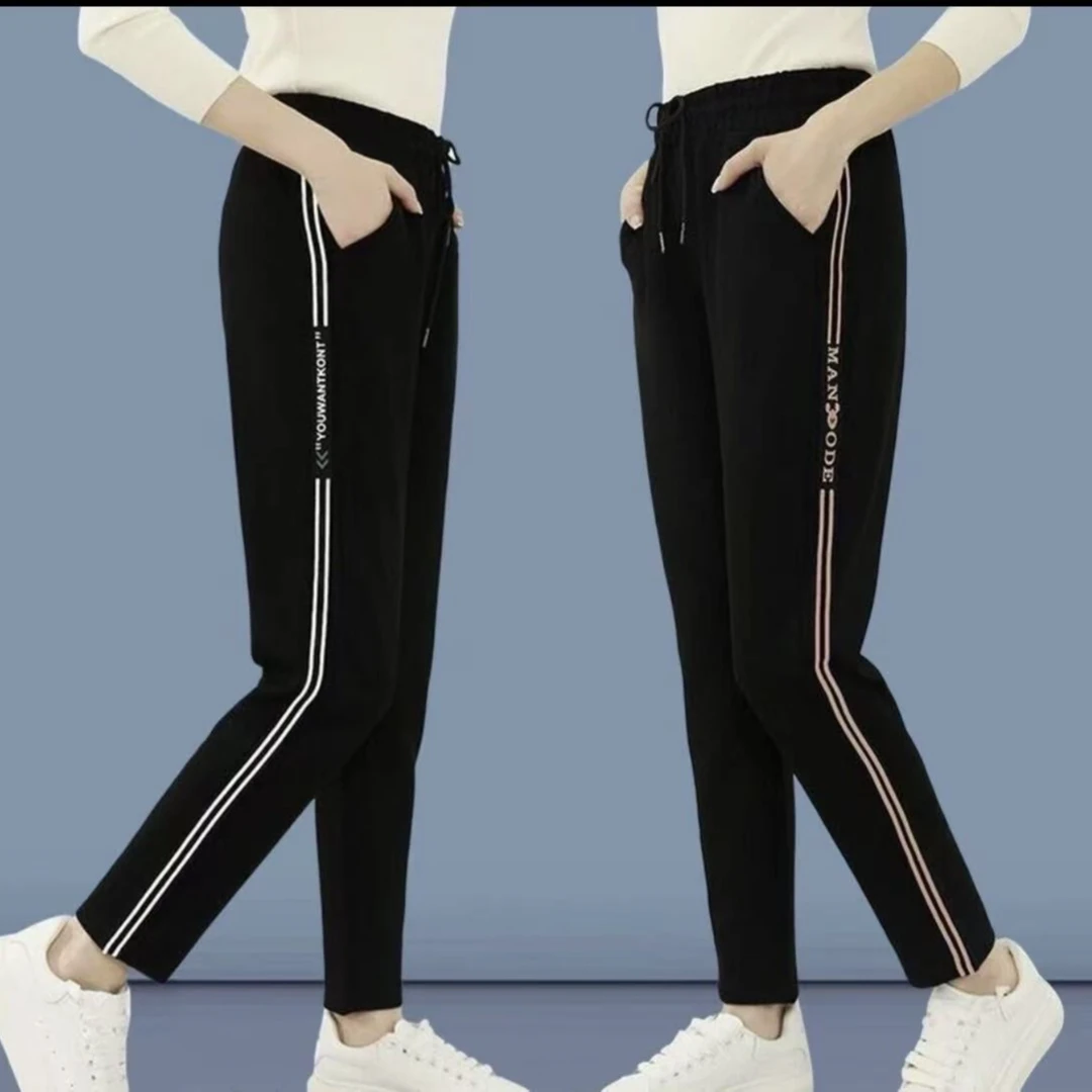 春秋款高弹休闲运动裤女潮流侧边条纹高腰百搭显瘦哈伦裤子外穿