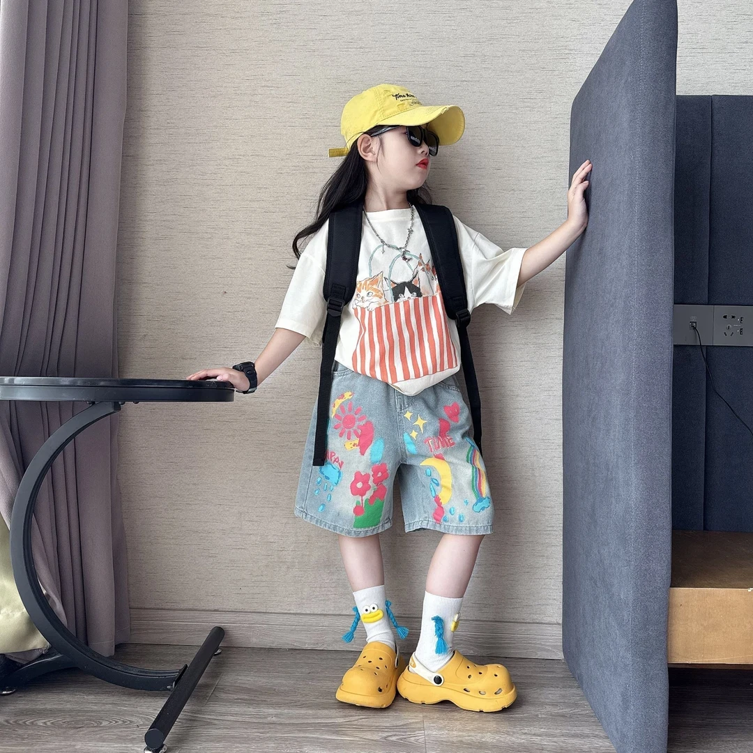 女童夏季时尚潮酷个性涂鸦牛仔中裤中大童卡通百搭短袖T恤潮