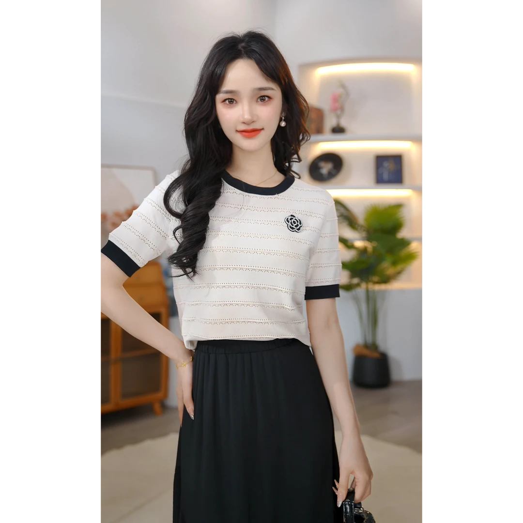 【曼贝】宽松型女短袖毛针织衫百搭休闲针织衫优雅8542328【佳莹】