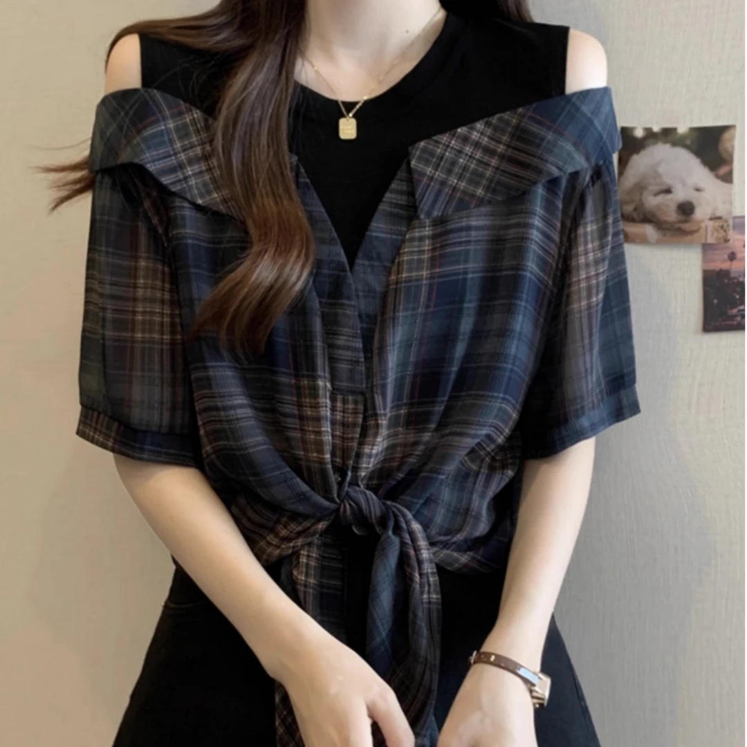 大码设计感小众复古格子短袖衬衫女夏季胖妹妹假两件拼接露肩上衣