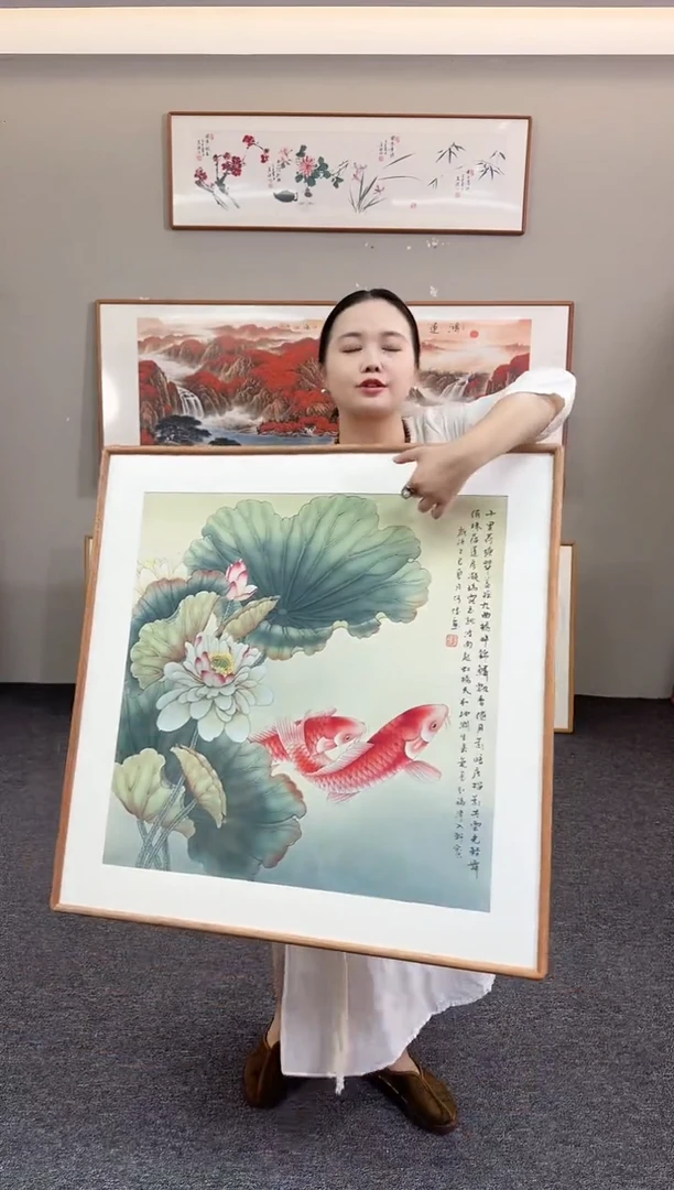 国画荷花鱼80*80手绘作品