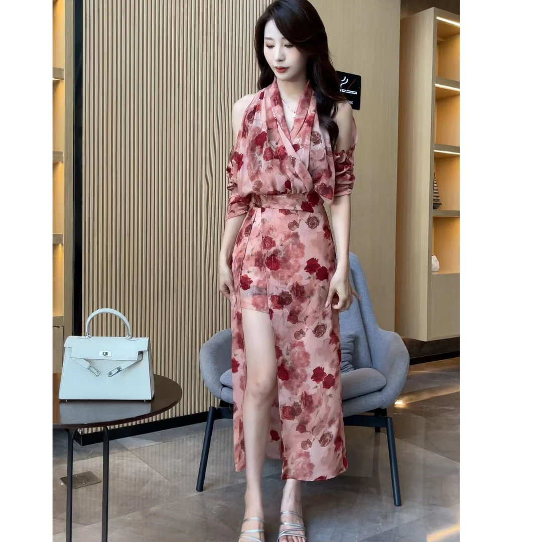 【梦婷家】夏季法式复古度碎花显瘦修身新款气质收腰套装-250176