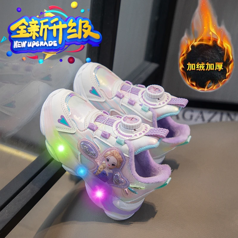 女童卡通公主冬季加绒保暖轻便软底发光亮灯鞋儿童时尚运动鞋