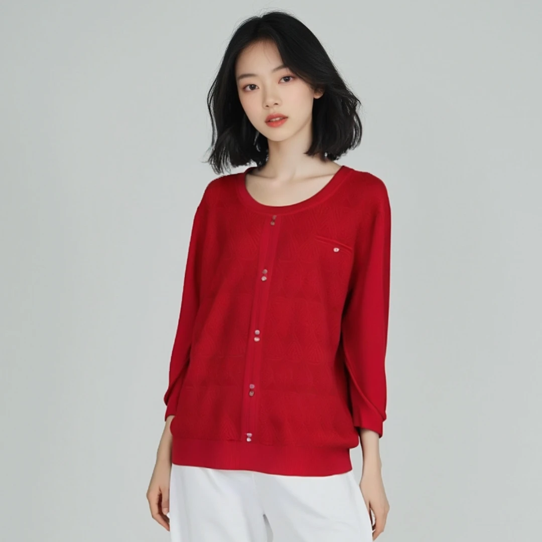 6626 夏季圆领细织冰凉纯色中袖针织气质宽松上衣圆领针织时尚