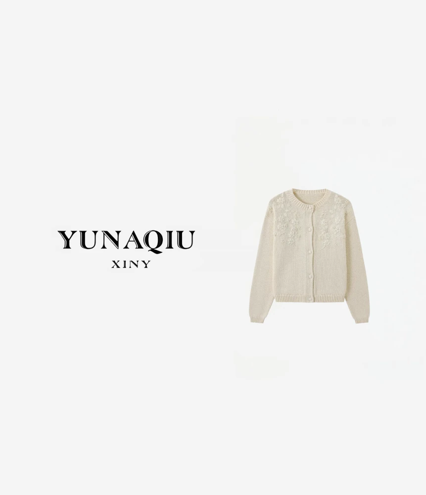 YUNAQIU-杏色花朵提花刺绣外套毛针织开衫-9887
