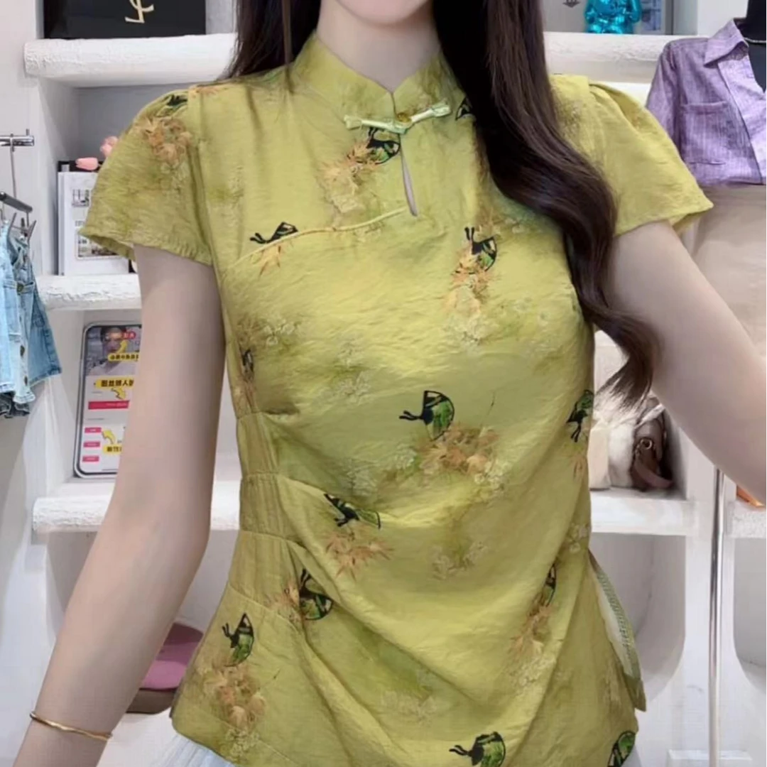 国风收腰立领小飞袖新中式短袖夏季新款复古民族风时尚上衣