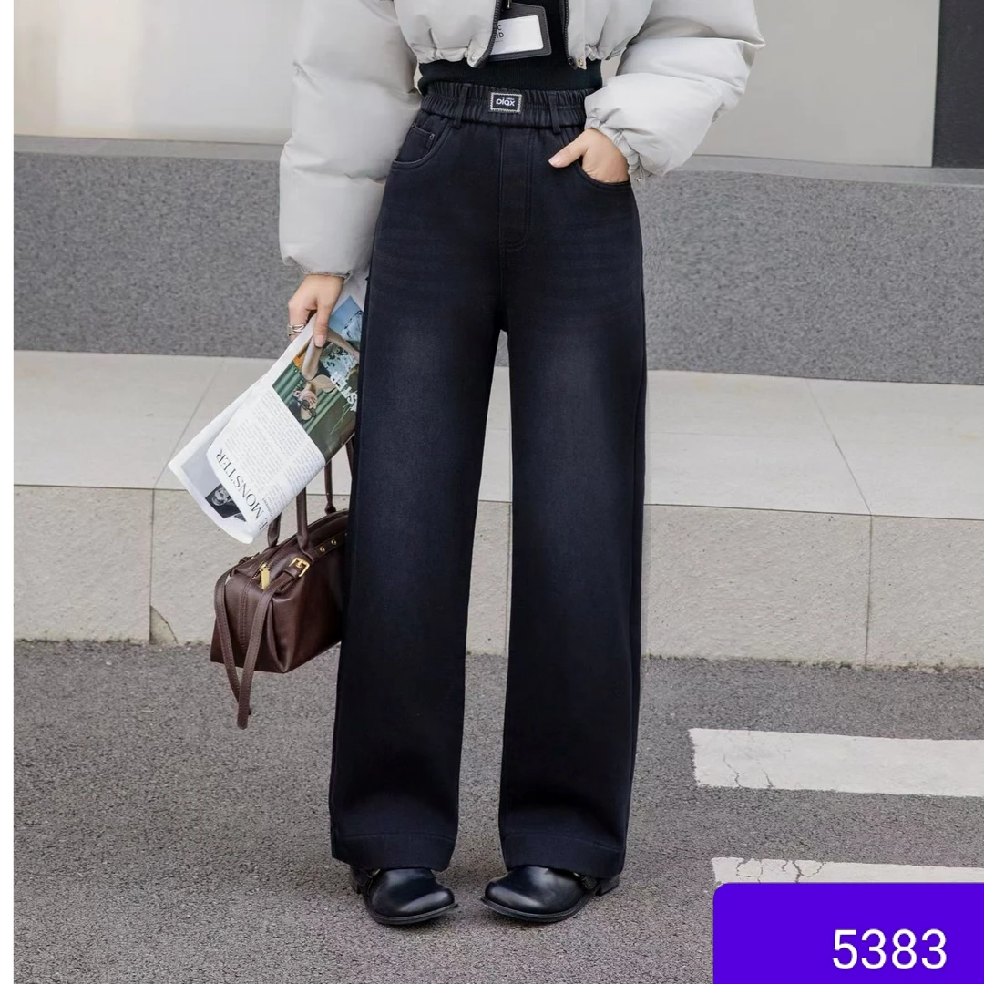 小施家韩版时尚设计松紧腰窄版直筒加绒牛仔裤5383