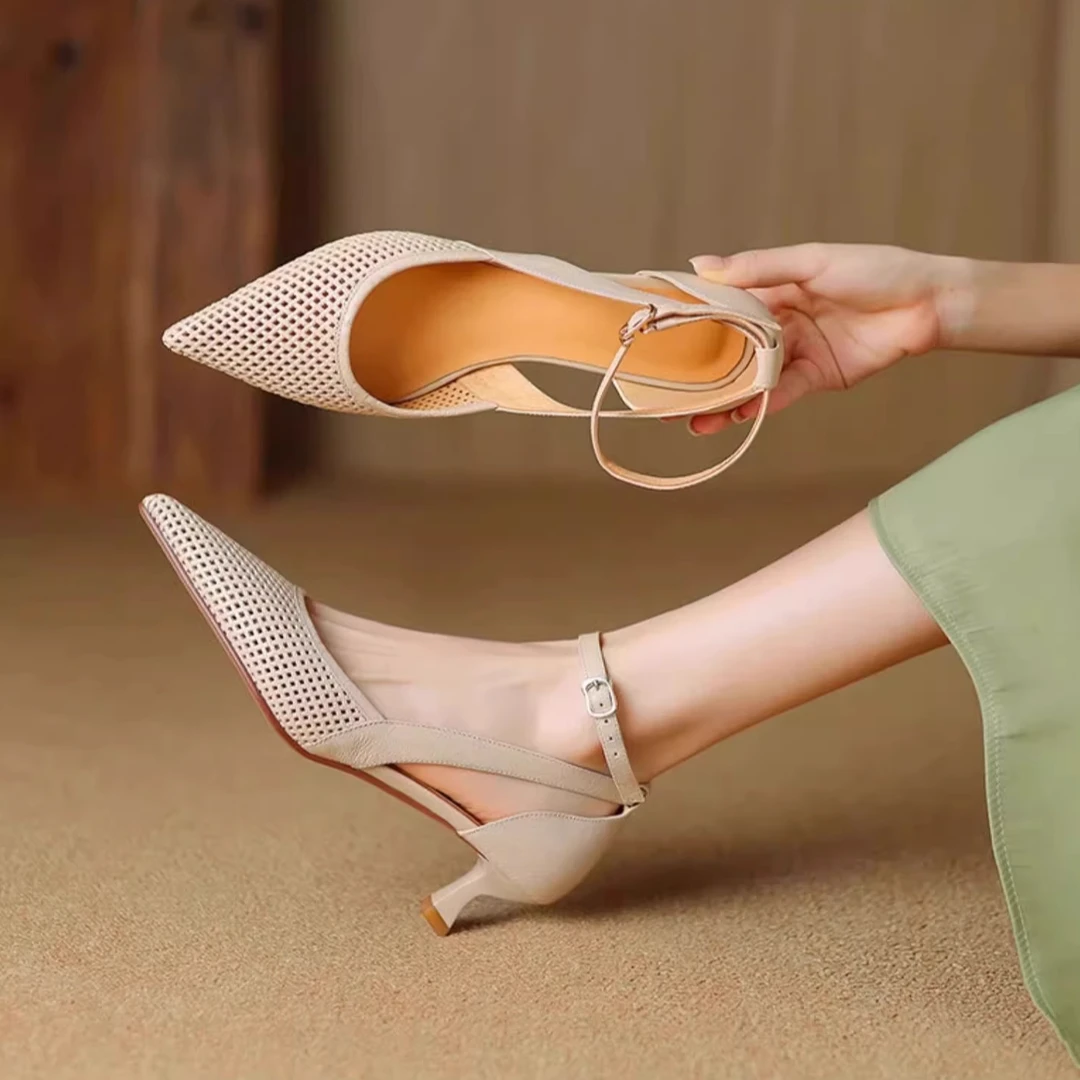 羊皮断码清仓尖头复古镂空包头小跟凉鞋女2025夏季新款细跟高跟鞋