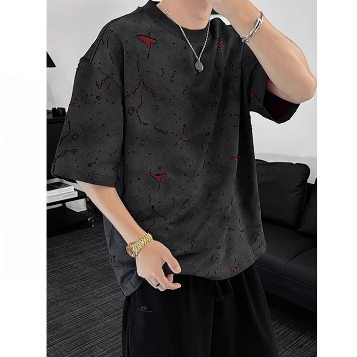 美式高街破洞短袖男2025新款t恤宽松休闲圆领百搭半袖男短袖t恤