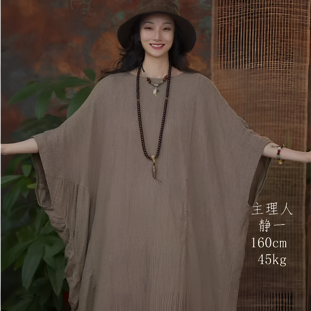静一棉麻【浮舟】25418A 粗麻色织多手工褶皱大袍子