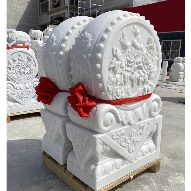 石雕门墩天然汉白玉门墩抱鼓石一对小象狮子福鱼酒店庭院门口摆件