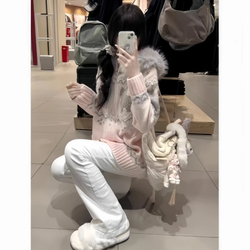 长袖连帽学院风拼接女提花毛针织衫猫针织上衣牛仔裤甜美减龄套装