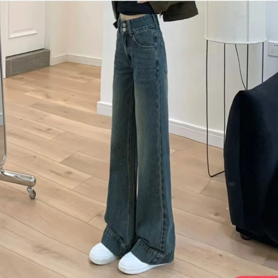 春秋季高腰窄版阔腿微喇牛仔女裤宽松裤子时尚修身大码