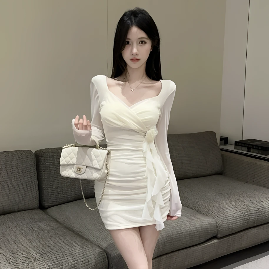 V领性感连衣裙新款减龄长袖显瘦包臀裙夜总会上班衣服技师工作服