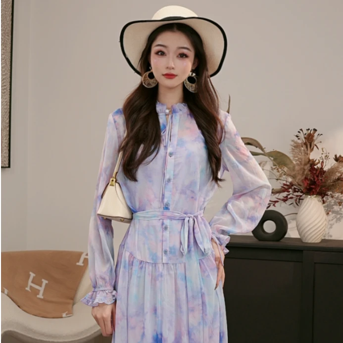 GIRDEAR/哥弟法式复古气质收腰木耳边印花碎花女装连衣裙品质女装