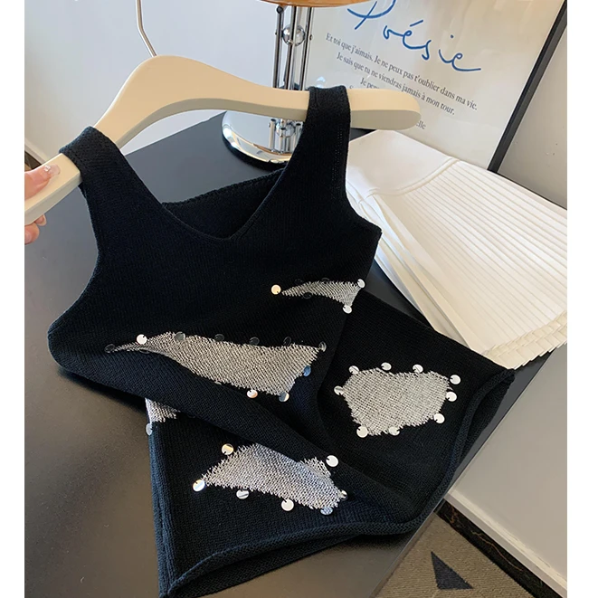 法式重工亮片V领黑色针织吊带背心女2025夏季新款高级感无袖上衣