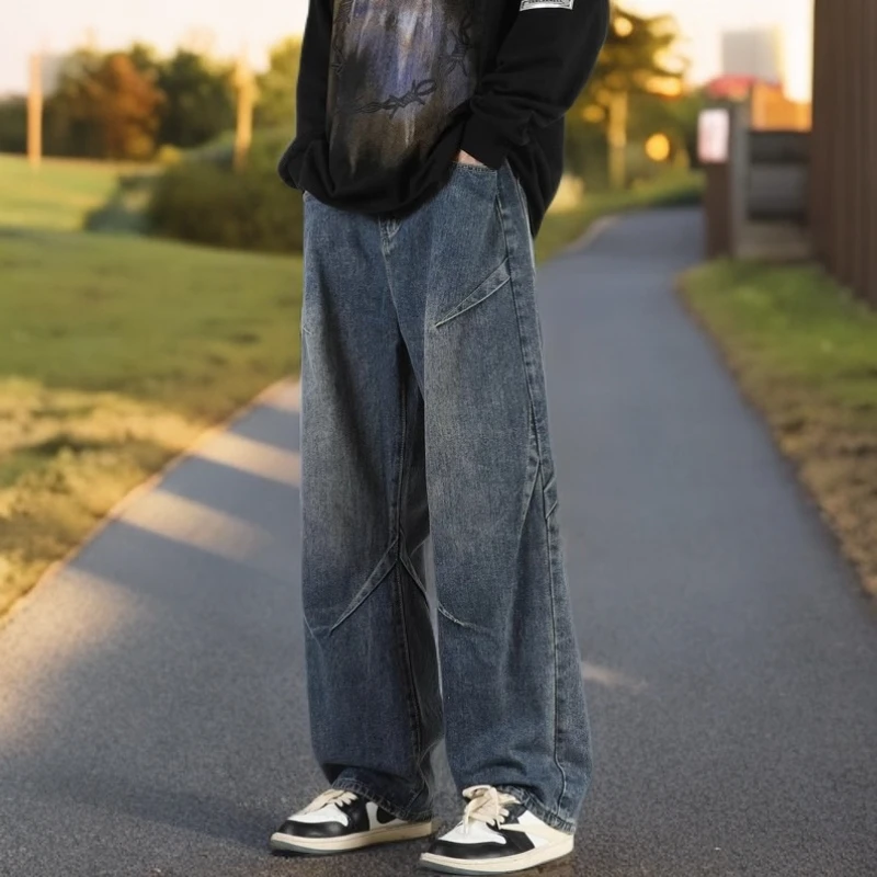 夏季男士阔腿牛仔裤宽松直筒裤新款美式高街休闲长裤子春秋工装裤