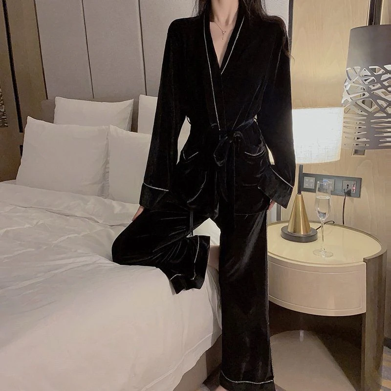 【黑色天鹅】套装内衣丝绒深上衣家居性感低胸火辣系带激情长裤开襟