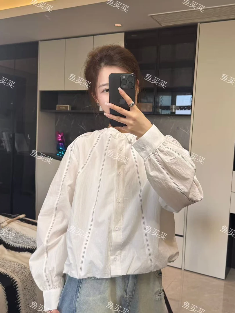 明线设计感小众白色衬衫女长袖2025新款宽松百搭圆领短款收腰上衣