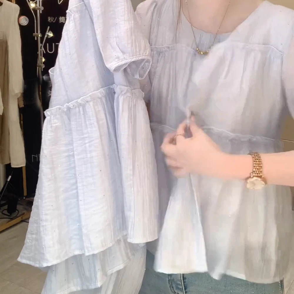 2025夏季新款法式气质设计感荷叶边衬衫女宽松短袖气质上衣甜美