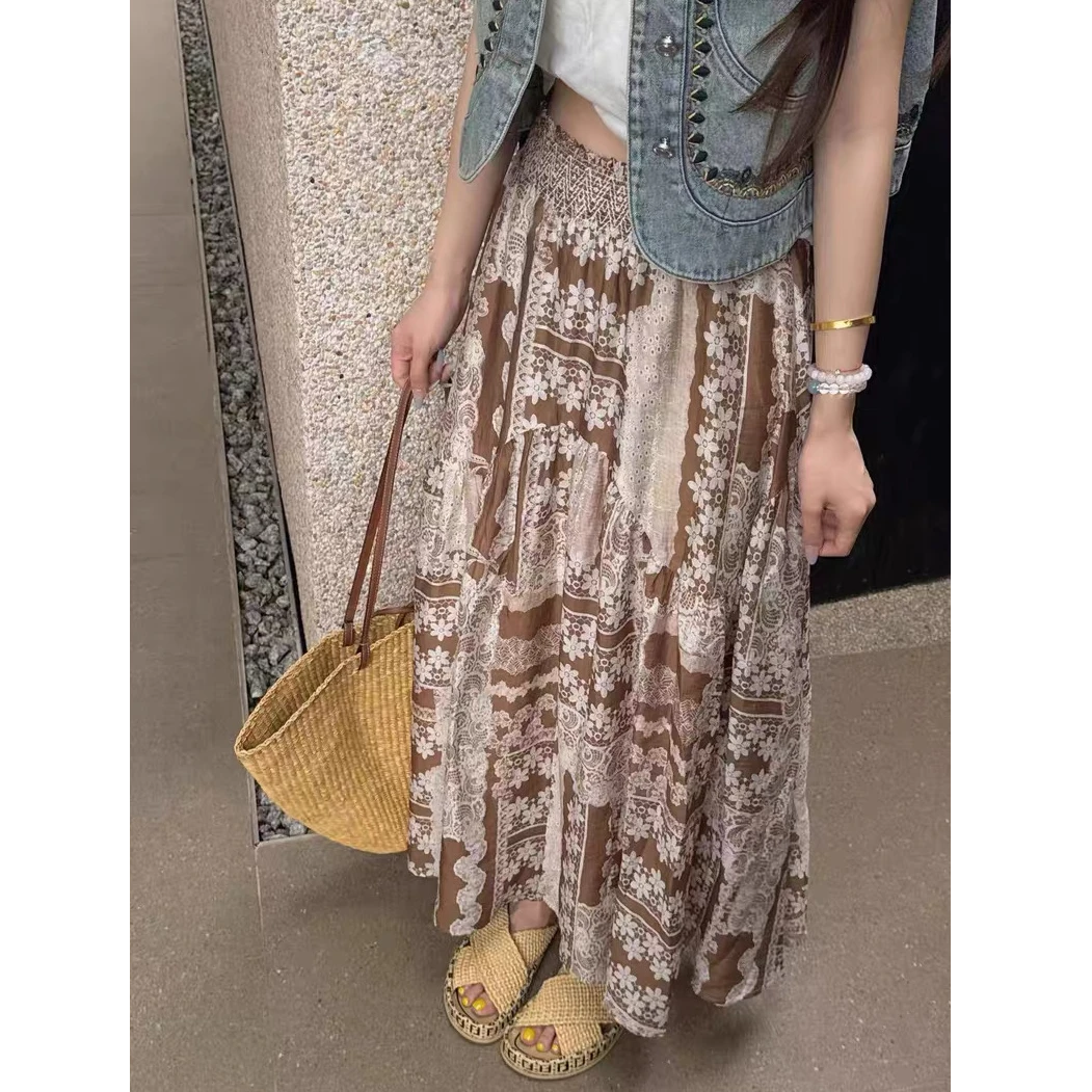 韩系慵懒风松弛感高腰遮肉显瘦拼接大摆a字裙2025夏季中长半身裙