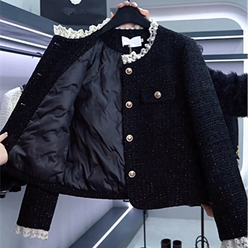 【黑金派对】黑色蕾丝立领小香风外套女新款显瘦富家千金气质外套