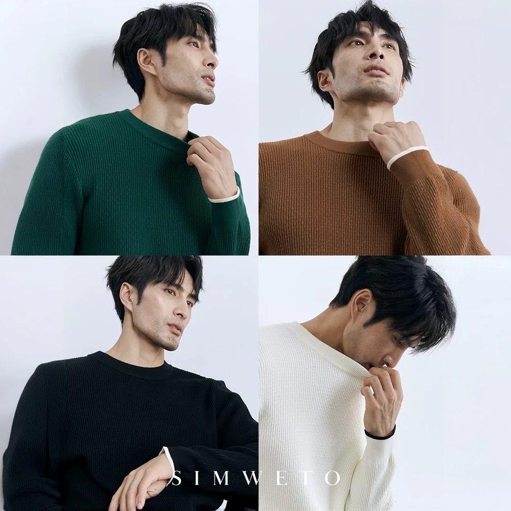 莫代尔舒适亲肤 冬季加厚保暖圆领条纹白色针织衫宽松焦糖毛衣男5