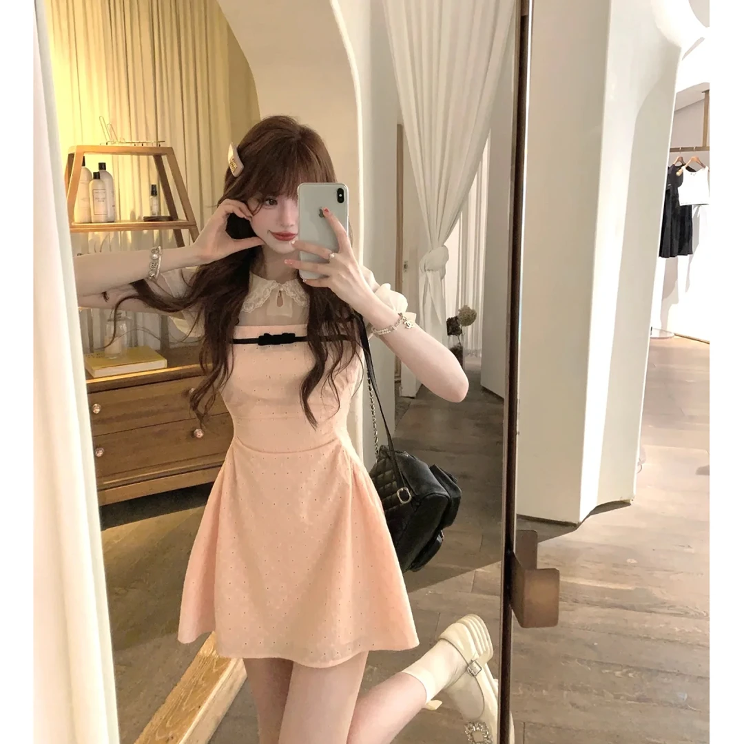 【呆呆】大码女装千金风复古娃娃领蕾丝收腰显瘦假两件连衣裙11899