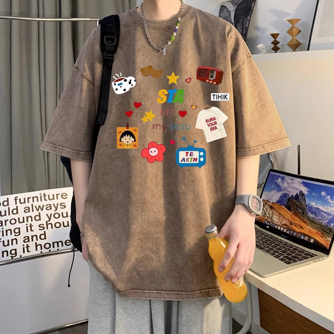 美式复古t恤男夏季短袖设计感小众潮牌卡通印花水洗做旧纯棉上衣