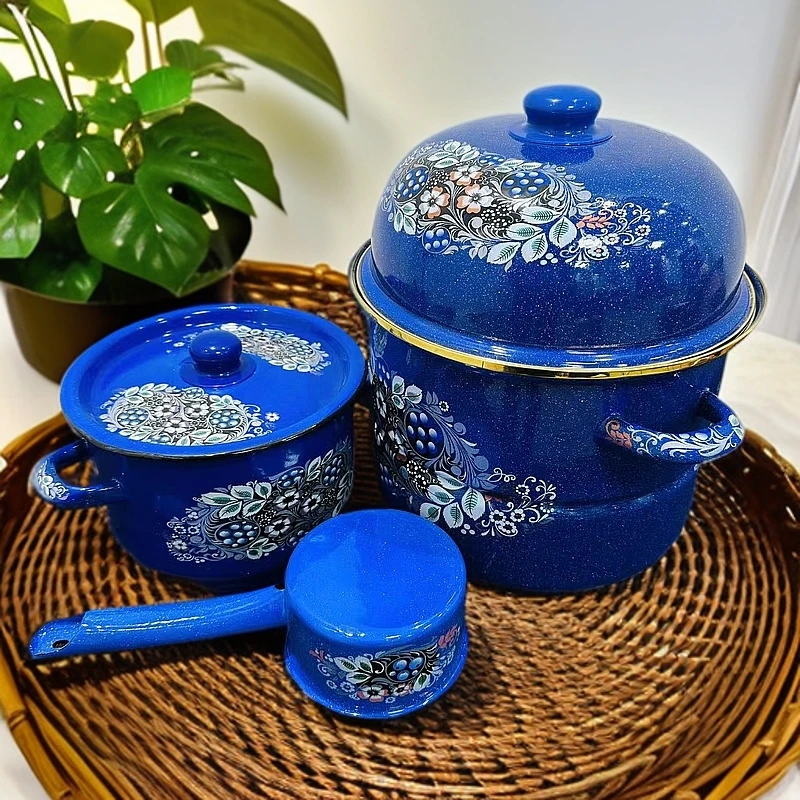 新疆包邮 【蓝白点三件套】蓝色花26cm蒸锅2.9L直桶12cm水瓢家里有